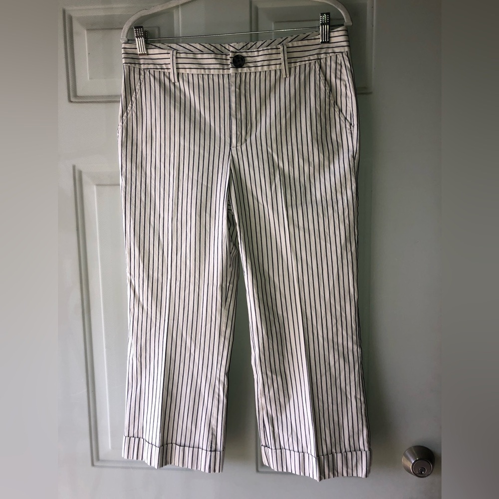 CAbi White and Black Striped Cropped Pants